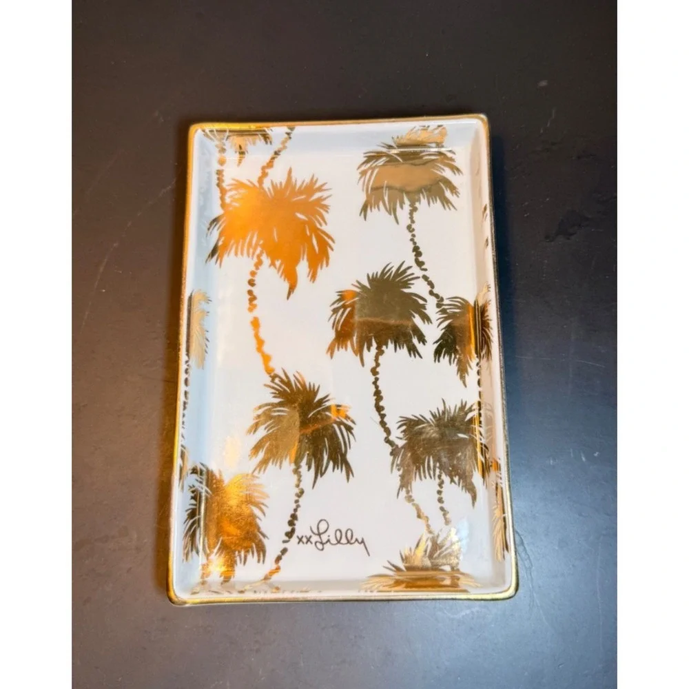 Lilly Pulitzer Tray For Trinkets Jewelry White with Gold Palm Trees 5.75" Tropic - Picture 1 of 9